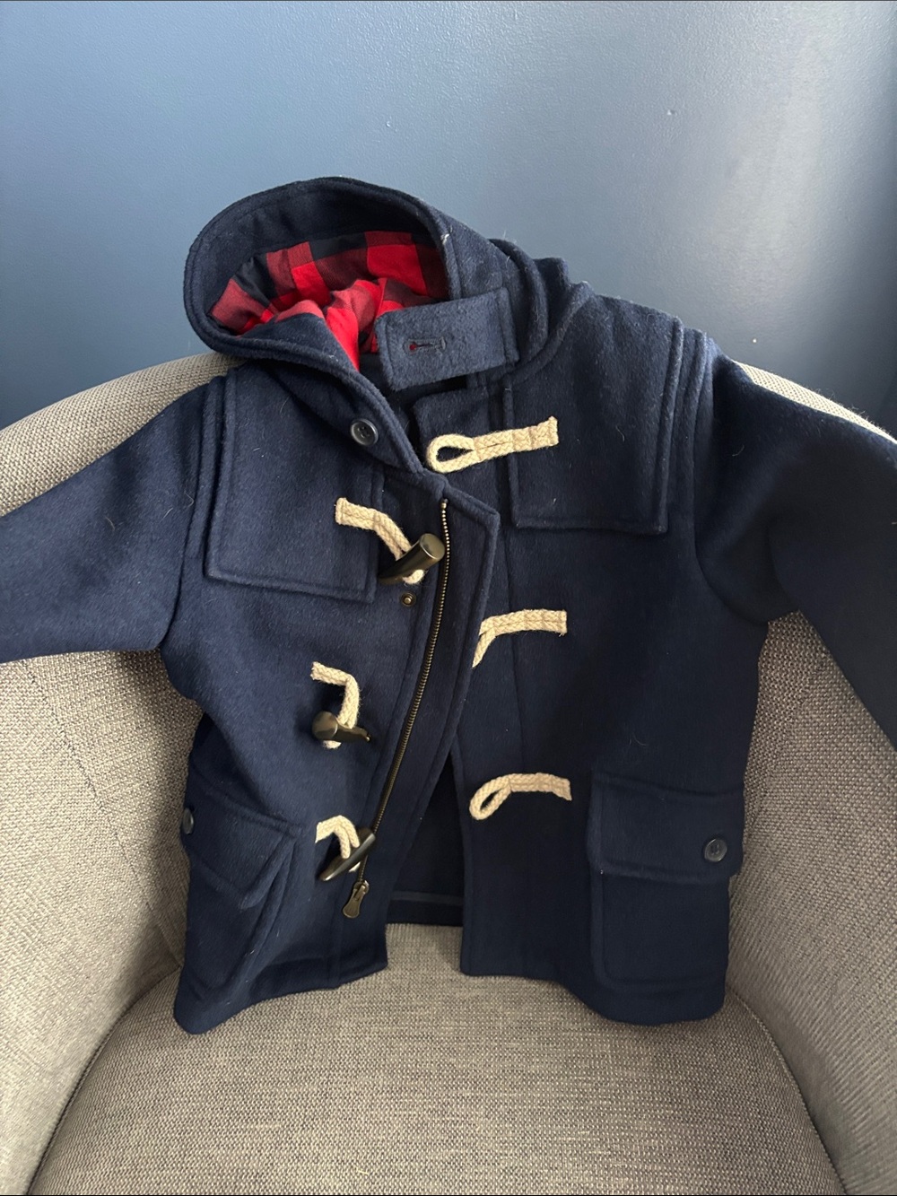 Kids Navy Toggle Coat with Red Plaid Lining
